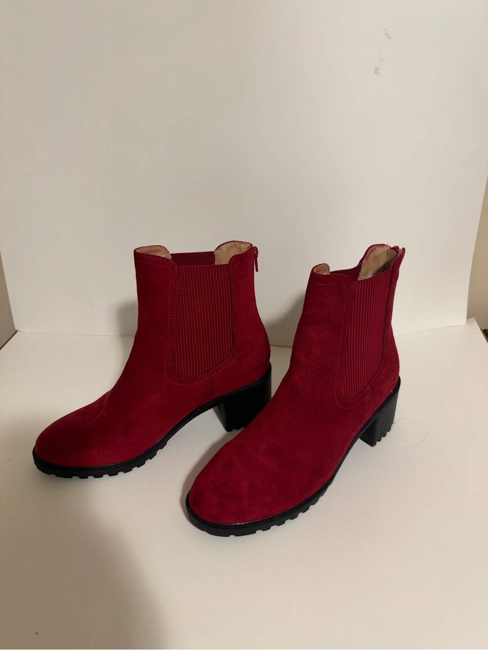 Red Suede Chelsea Block Heel Ankle Boots - Women